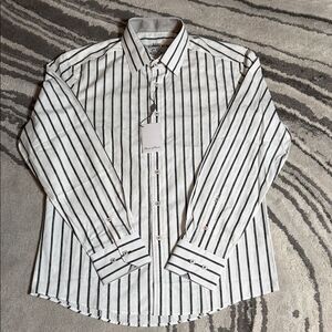 House Of Lords Gray and White Striped Men's Button Up Shirt